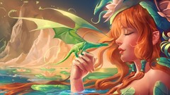 Leaves water woman Dragons artwork fantasy art