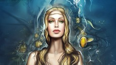 Leaves water woman fish blondes long hair green eyes artwork