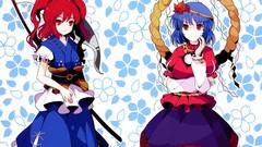 Leaves weapons dress goddess red eyes Ropes skirts blue hair 