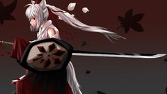 Leaves weapons hats socks shield white hair red eyes Swords 