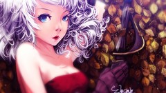 Leaves weapons white hair anime girls blue eyes cleavage 