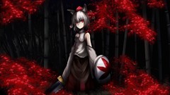 Leaves weapons white hair red eyes Swords anime girls short 