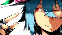 Leaves white background hats peaches red eyes gloves faces blue 