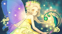Leaves wings dress blondes long hair flower in hair golden eyes