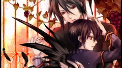 Leaves wings feathers Anime grapes red eyes suit brunettes 