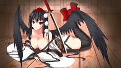 Leaves wings Katana Anime red eyes long hair touhou black hair 