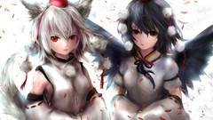 Leaves wings white background hats white hair red eyes Ribbons 