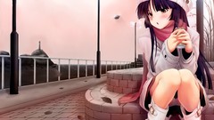 Leaves winter water orange coffee Anime blue hair long hair 