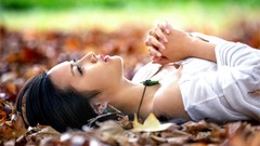 Leaves woman asians oriental lying down