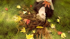 Leaves woman brunettes models lying down girls in nature