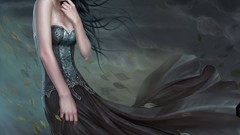 Leaves woman dress black hair artwork Yuehui Tang