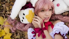 Leaves woman dress pink hair long hair bangs models pigtails 