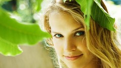 Leaves woman faces blondes blue eyes