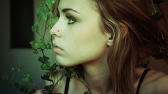 Leaves woman green eyes brunettes piercings