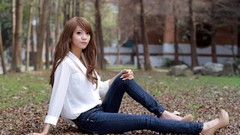 Leaves woman jeans asians brunettes models