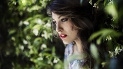 Leaves woman lipstick brunettes portraits