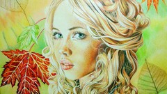 Leaves woman paintings faces blondes artwork