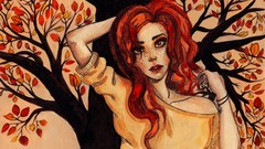 Leaves woman paintings freckles redheads artwork