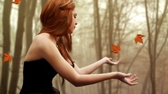 Leaves woman playing