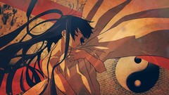 Leaves yin-yang hugging long hair anime girls closed eyes 