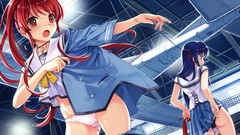 Legs shirts skirts blush blue hair brown eyes school uniforms 