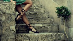 Legs stairways green dress