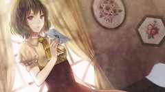 Letters dress red eyes curtains indoors short hair bangs green 