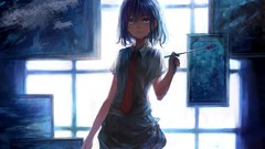 Light woman Anime tears brush artist tie crying window panes