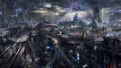 Lightning smoke destruction buildings science fiction futuristic