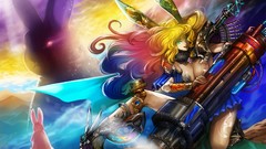 Lightning weapons armor long hair anime girls Bunnies green 