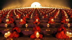 Lights Monks sitting symmetry lanterns Buddhist buddhism