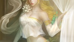 Lips braid long hair anime girls blue eyes bare shoulders 