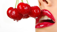 Lips cherries water drops