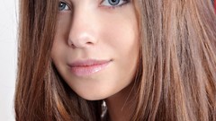 Lips smiling long hair blue eyes