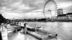 London England monochrome London Eye cityscapes ferris wheels