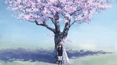 Lonely anime girls school uniforms cherry blossoms flowered 