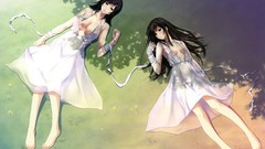 Long hair anime girls bandages white dress innocent grey lying 