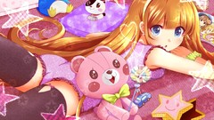 Long hair anime girls blue eyes orange hair stuffed animals 