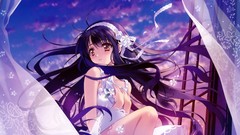 Long hair anime girls brown eyes night sky skyscapes window 