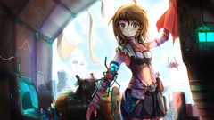 Long hair anime girls brunettes black eyes futuristic original 