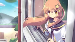 Long hair anime girls brunettes school uniforms ponytails hair 