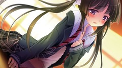 Long hair anime girls brunettes school uniforms purple eyes