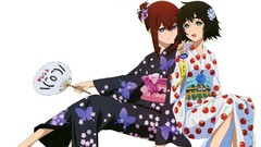 Long hair anime girls brunettes short hair open mouth makise 