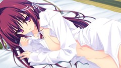Long hair anime girls game cg purple eyes no bra open shirt 