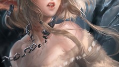 Long hair anime girls green eyes crying bandages artwork 