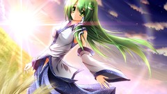 Long hair anime girls green eyes kochiya sanae green hair 