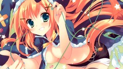 Long hair anime girls green eyes orange hair thigh highs no bra