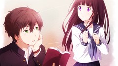 Long hair anime girls green eyes school uniforms short hair 