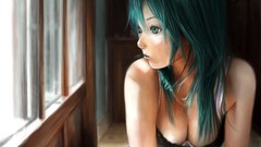 Long hair anime girls hatsune miku vocaloid bra cleavage window 