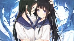 Long hair anime girls school uniforms black hair purple eyes 